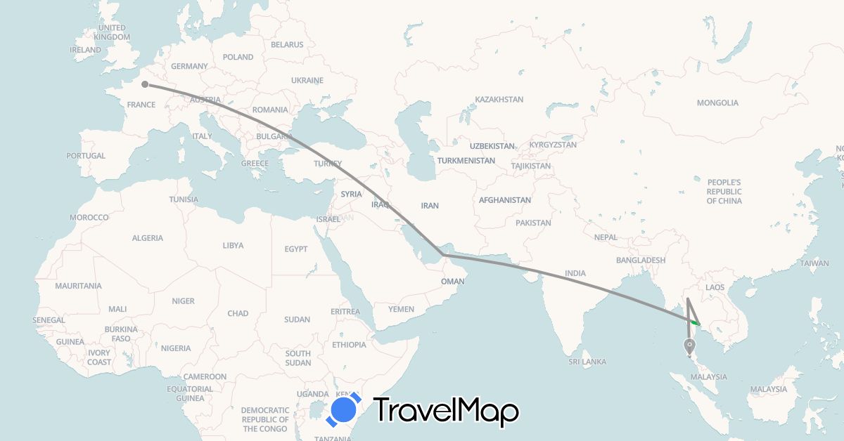 TravelMap itinerary: driving, bus, plane in United Arab Emirates, France, Thailand (Asia, Europe)